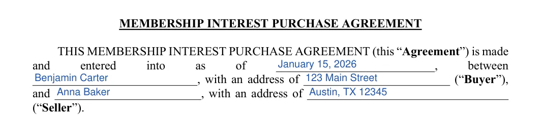 LLC Purchase Agreement: MEMBERSHIP INTEREST PURCHASE AGREEMENT, filled with sample entries