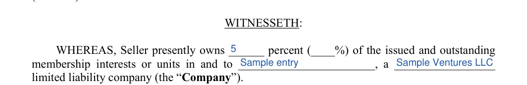 LLC Purchase Agreement: WITNESSETH, filled with sample entries