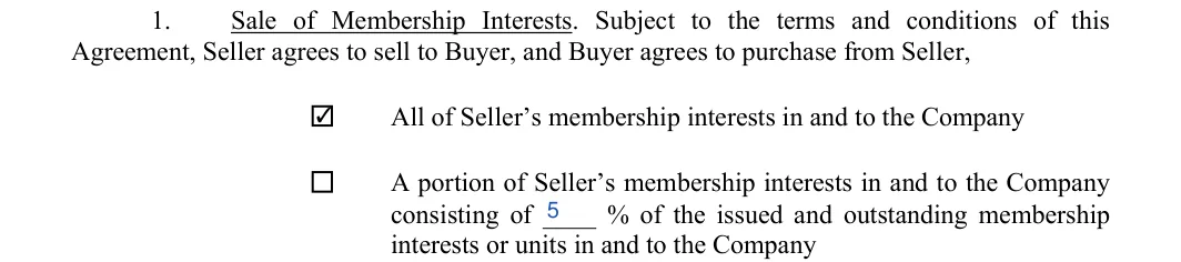 LLC Purchase Agreement: Check, Percent, filled with sample entries