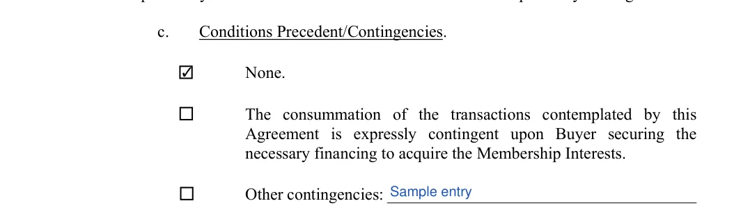 LLC Purchase Agreement: Check, Other contingencies, filled with sample entries