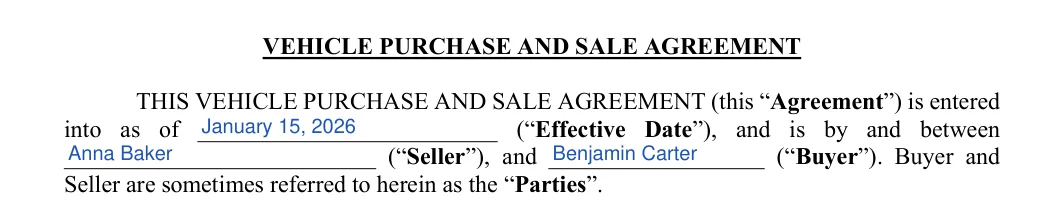Vehicle Purchase Agreement: VEHICLE PURCHASE AND SALE AGREEMENT, filled with sample entries