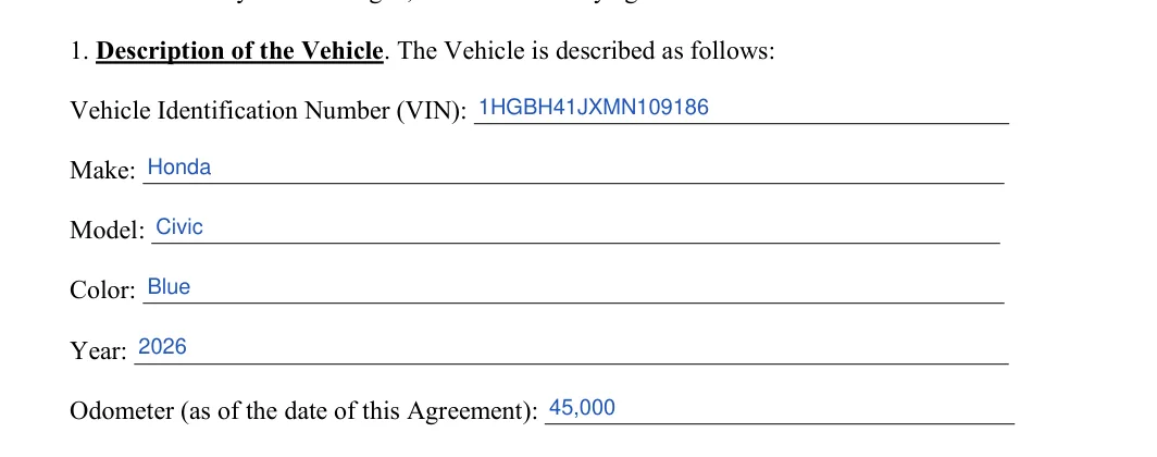 Vehicle Purchase Agreement: Vehicle identification number vin, Make and more, filled with sample entries