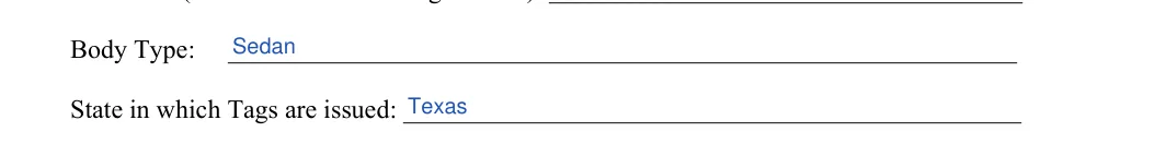 Vehicle Purchase Agreement: Body Type, filled with sample entries