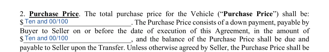 Vehicle Purchase Agreement: Purchase price, Sum, filled with sample entries