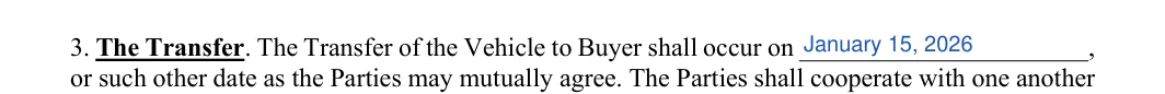 Vehicle Purchase Agreement: Transfer date, filled with sample entries