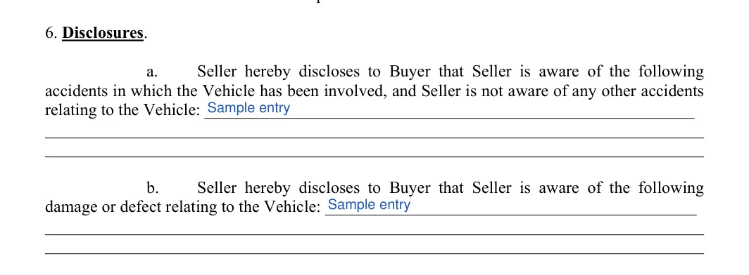 Vehicle Purchase Agreement: 6. Disclosures, filled with sample entries