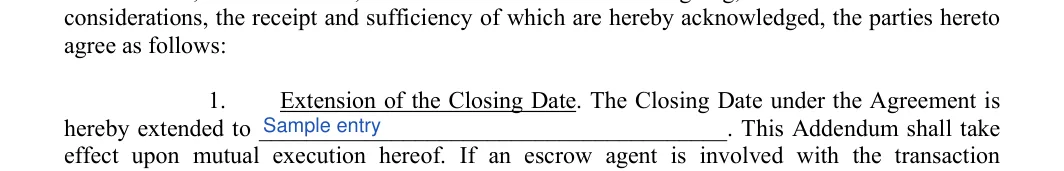 Closing Date Extension Addendum: agree as follows, filled with sample entries
