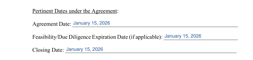 Earnest Money Contract: Pertinent Dates under the Agreement, filled with sample entries