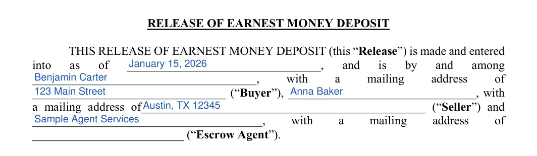 Release of Earnest Money Contract: RELEASE OF EARNEST MONEY DEPOSIT, filled with sample entries