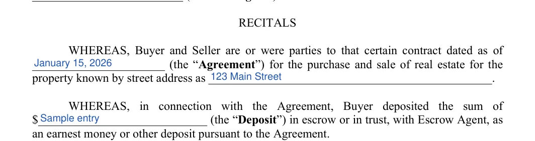 Release of Earnest Money Contract: RECITALS, filled with sample entries