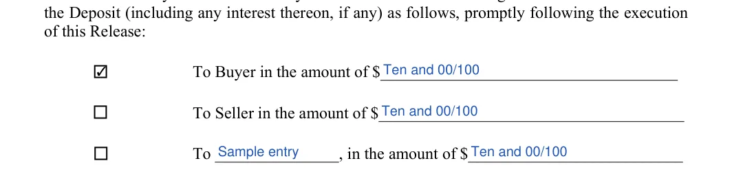 Release of Earnest Money Contract: of this Release, filled with sample entries