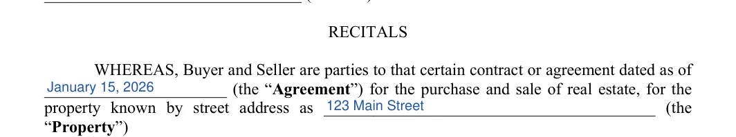 Inspection Contingency Addendum: RECITALS, filled with sample entries