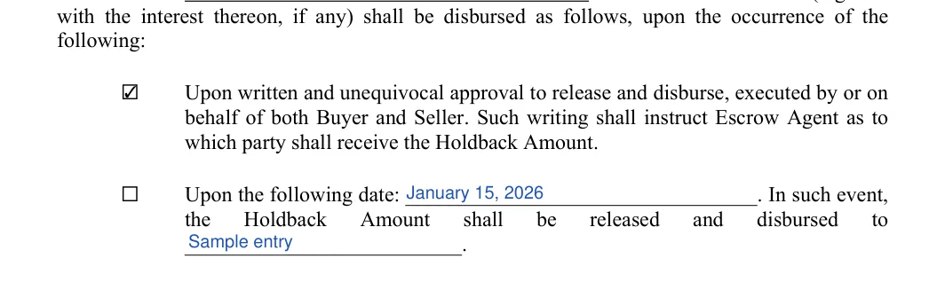 Repair (Holdback) Escrow Agreement: following, filled with sample entries
