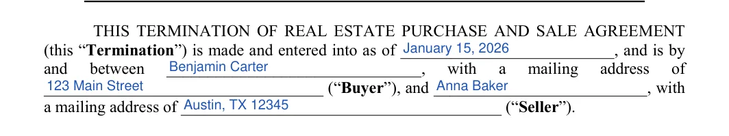 Real Estate Contract Cancellation: Dated, Buyer and more, filled with sample entries
