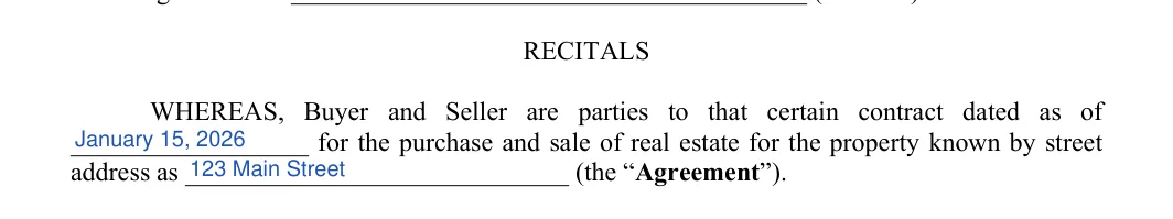 Real Estate Contract Cancellation: RECITALS, filled with sample entries