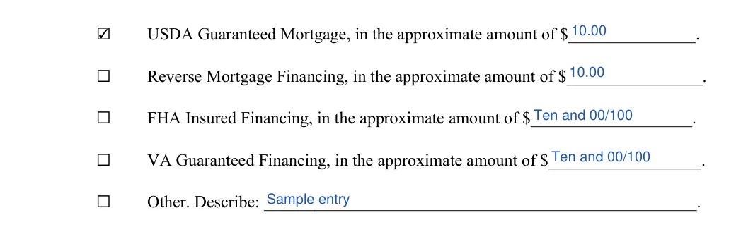 Third (3rd) Party Financing Addendum: Usda guaranteed mortgage in the approximate amount of, Check and more, filled with sample entries