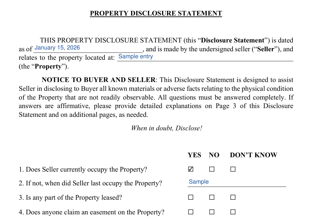 Seller's Property Disclosure Statement: PROPERTY DISCLOSURE STATEMENT, filled with sample entries