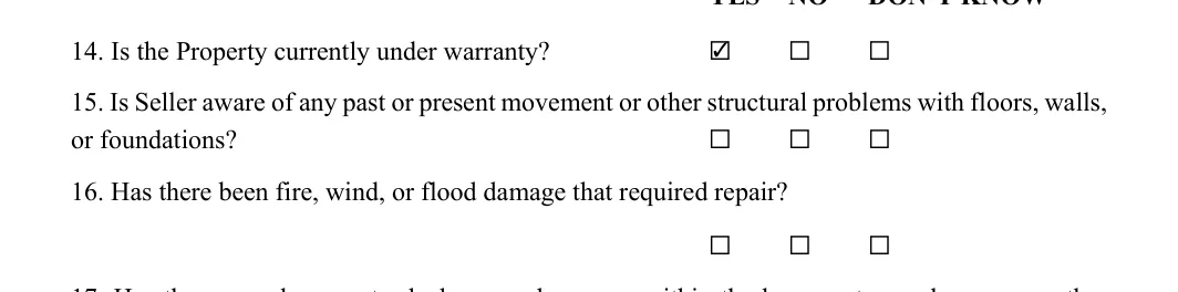 Seller's Property Disclosure Statement: 14. Is the Property currently under warranty?, filled with sample entries
