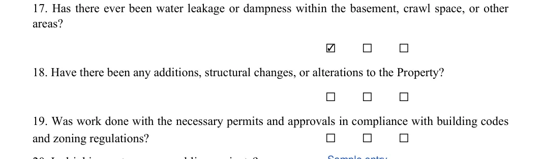 Seller's Property Disclosure Statement: Yes, No and more, filled with sample entries