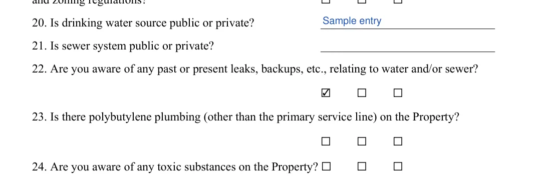 Seller's Property Disclosure Statement: 20. Is drinking water source public or private?, filled with sample entries