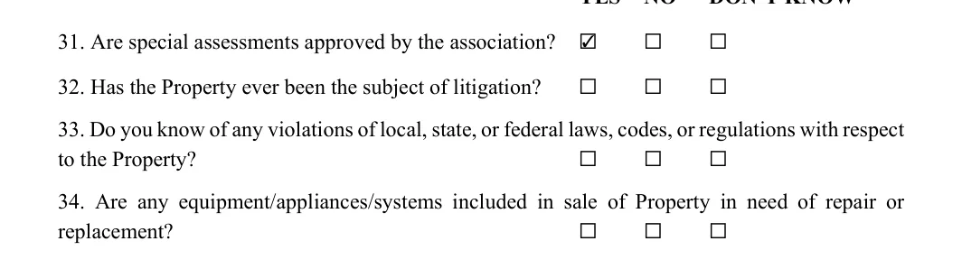 Seller's Property Disclosure Statement: 31. Are special assessments approved by the association?, filled with sample entries
