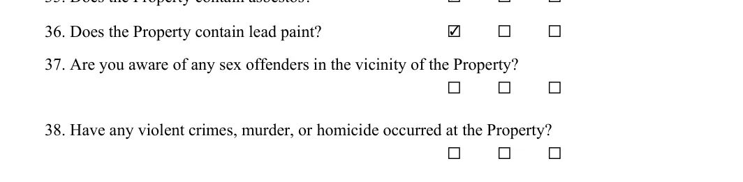 Seller's Property Disclosure Statement: 36. Does the Property contain lead paint?, filled with sample entries