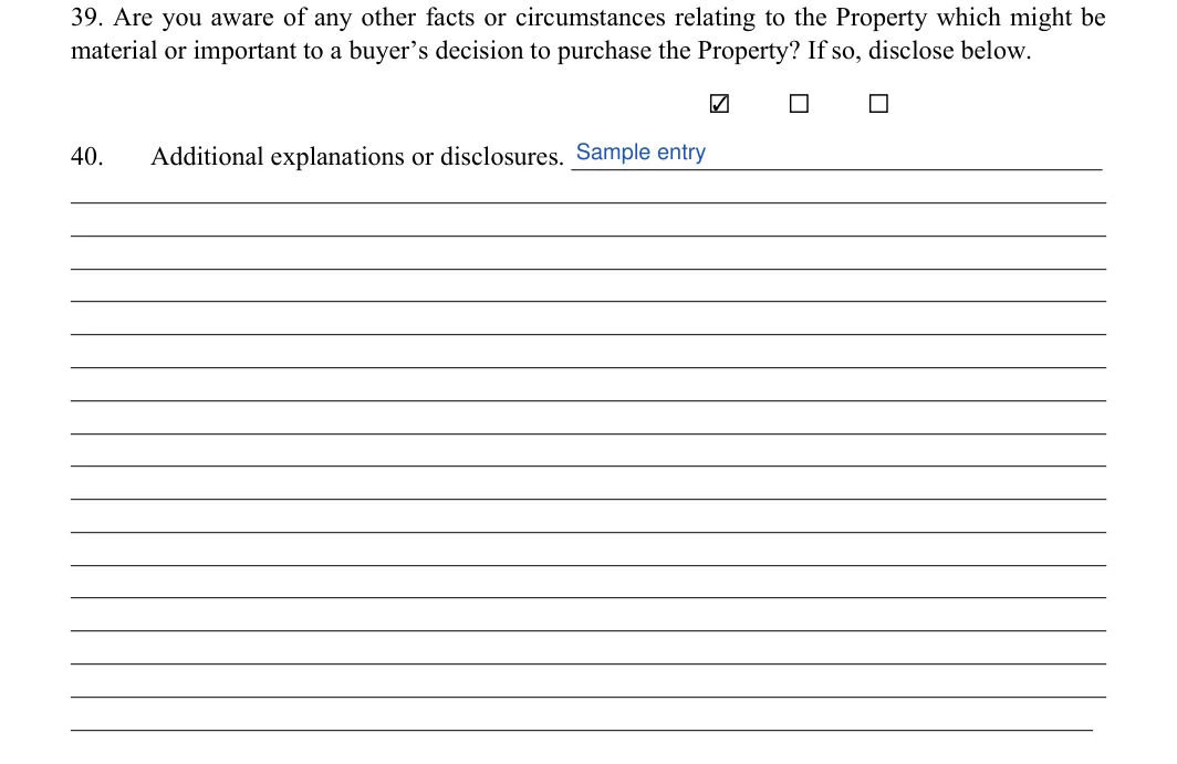Seller's Property Disclosure Statement: Yes, No and more, filled with sample entries