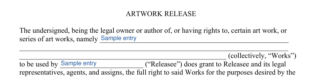 Artist Release: ARTWORK RELEASE, filled with sample entries
