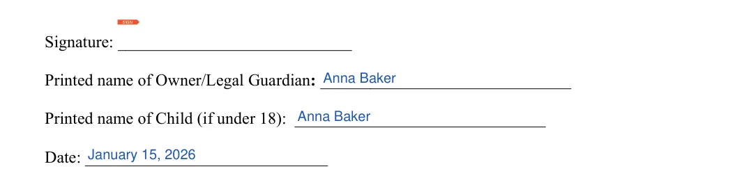 Artist Release: Signature, Printed name of owner/legal guardian and more, filled with sample entries
