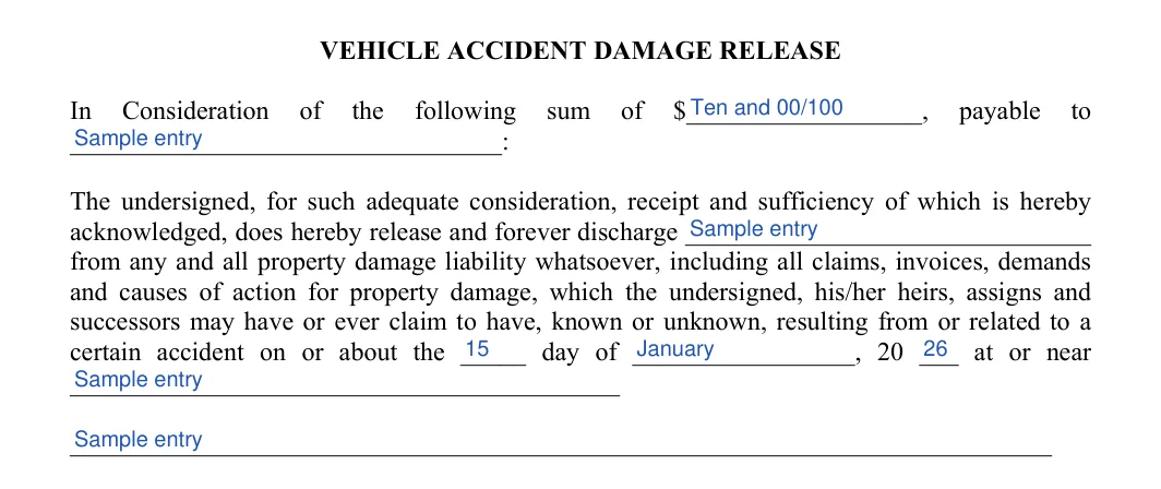 Car Accident Release of Liability: VEHICLE ACCIDENT DAMAGE RELEASE, filled with sample entries