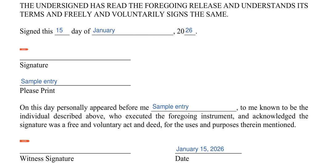 Car Accident Release of Liability: TERMS AND FREELY AND VOLUNTARILY SIGNS THE SAME, filled with sample entries