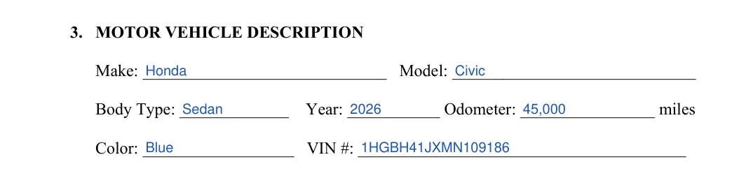 Car Sale Release of Liability: 3. MOTOR VEHICLE DESCRIPTION, filled with sample entries