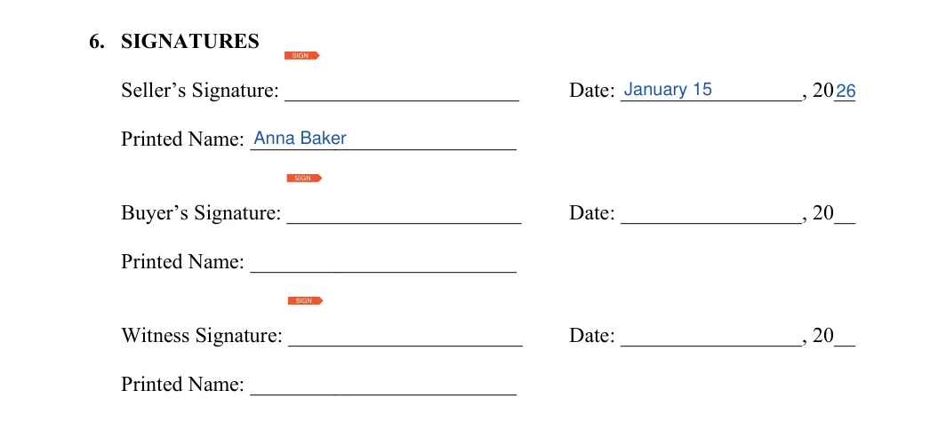 Car Sale Release of Liability: 6. SIGNATURES, filled with sample entries