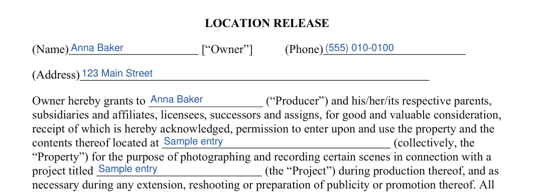Location Release: LOCATION RELEASE, filled with sample entries