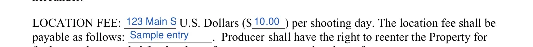 Location Release: LOCATION FEE, filled with sample entries