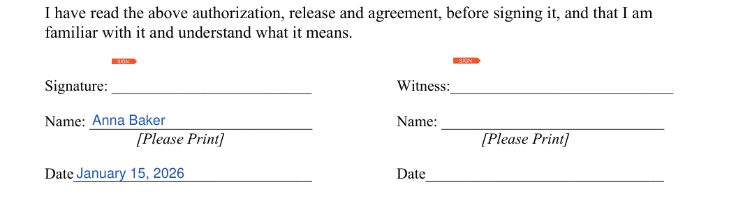 Media Release: Signature, Name and more, filled with sample entries