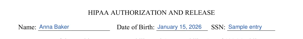 Medical Release: HIPAA AUTHORIZATION AND RELEASE, filled with sample entries