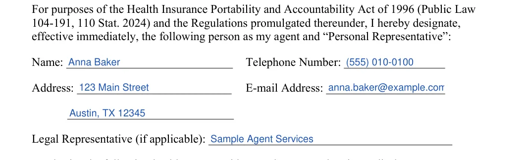 Medical Release: Name, Telephone number and more, filled with sample entries