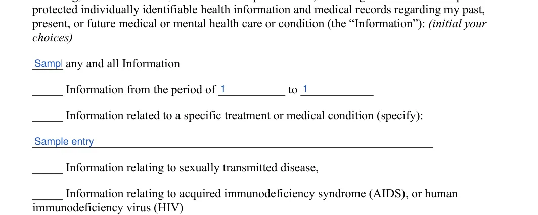 Medical Release: Initial, Period of and more, filled with sample entries