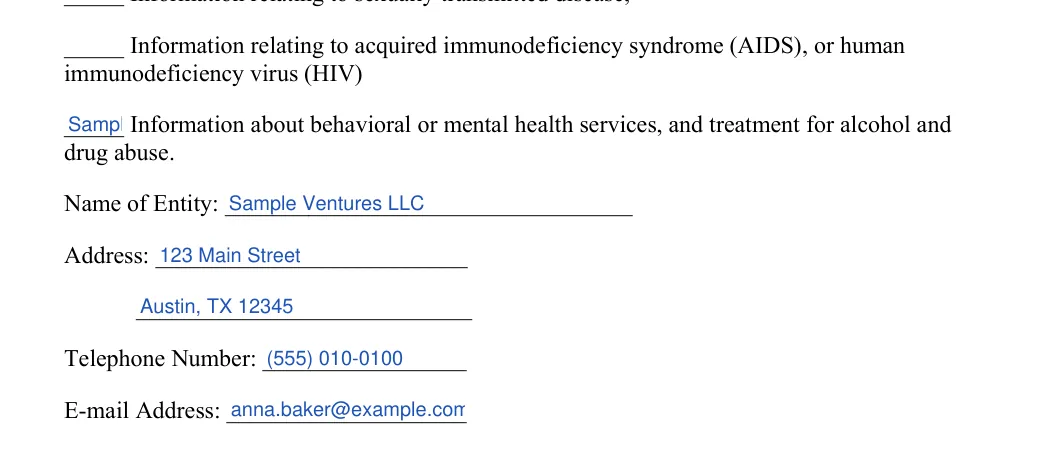 Medical Release: Initial, Name of entity and more, filled with sample entries