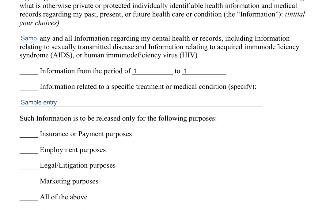 Dental Records Release: Initial, Period of and more, filled with sample entries