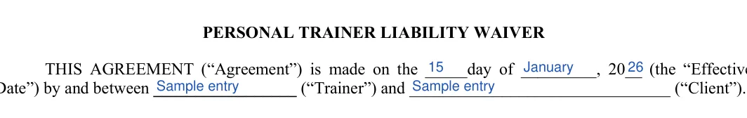 Personal Trainer Waiver and Liability Release: PERSONAL TRAINER LIABILITY WAIVER, filled with sample entries