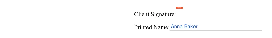 Personal Trainer Waiver and Liability Release: Client signature, Printed name, filled with sample entries