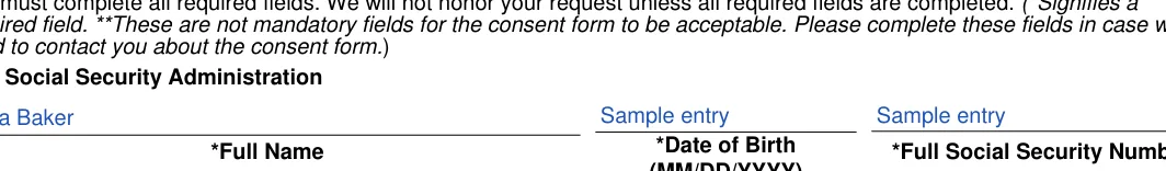 Social Security Administration Consent for Release of Information: Form1[0].bodypage2[0].fullname fld[0], Form1[0].bodypage2[0].dob date[0] and more, filled with sample entries