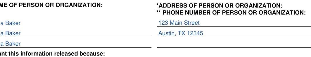 Social Security Administration Consent for Release of Information: ** PHONE NUMBER OF PERSON OR ORGANIZATION, filled with sample entries