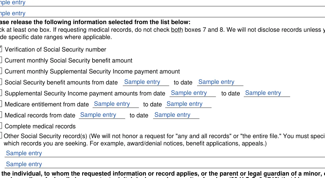 Social Security Administration Consent for Release of Information: Form1[0].bodypage2[0].pleaserelease cb1[0], Form1[0].bodypage2[0].pleaserelease cb2[0] and more, filled with sample entries