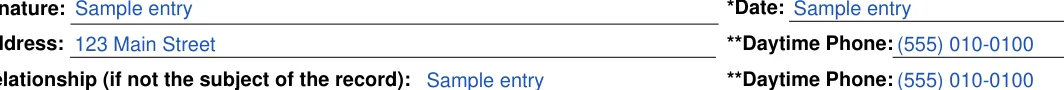 Social Security Administration Consent for Release of Information: **Address, filled with sample entries