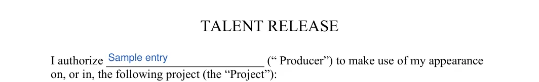 Actor Release: TALENT RELEASE, filled with sample entries