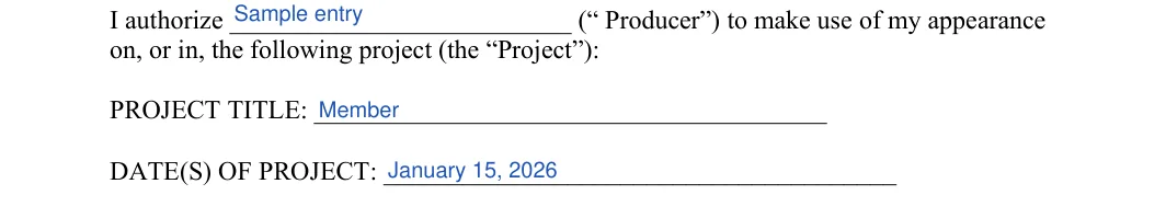 Actor Release: on, or in, the following project (the “Project”), filled with sample entries