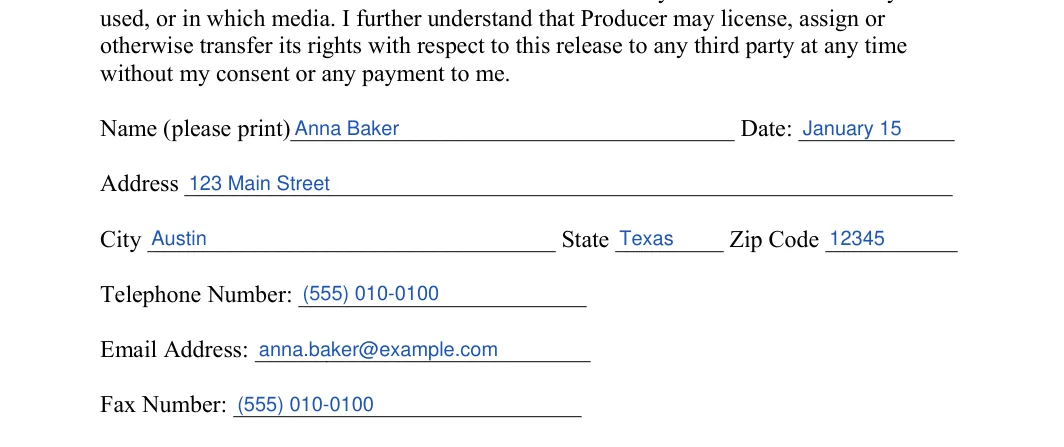Actor Release: Name, Date and more, filled with sample entries